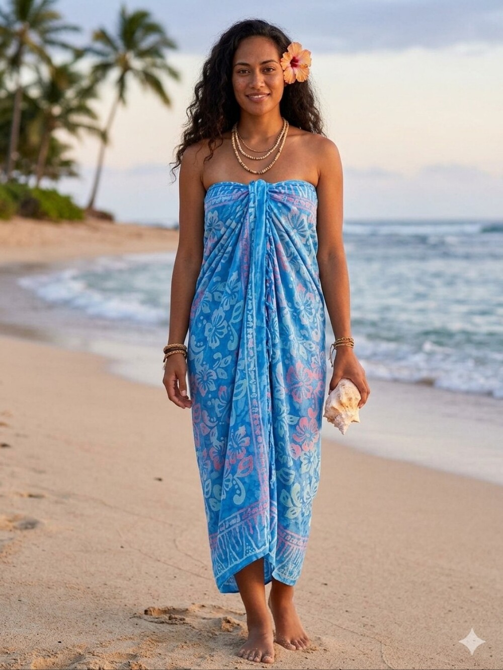 Authentic Hand Block Printed Batik Sarong Tropical Floral Blue Pink Hibiscus